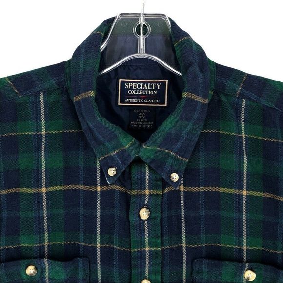 Specialty Collection Mens Button Down Extra Large Blue Green Plaid Shirt Flannel - Picture 2 of 12